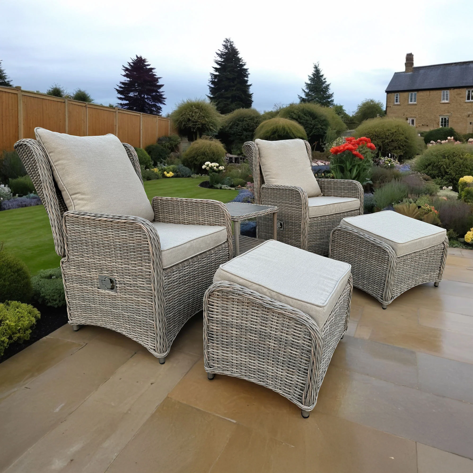 Bahama - Set Of 2 Reclining Garden Chairs With Stools & Side Table, Aluminium & Rattan - Image 4