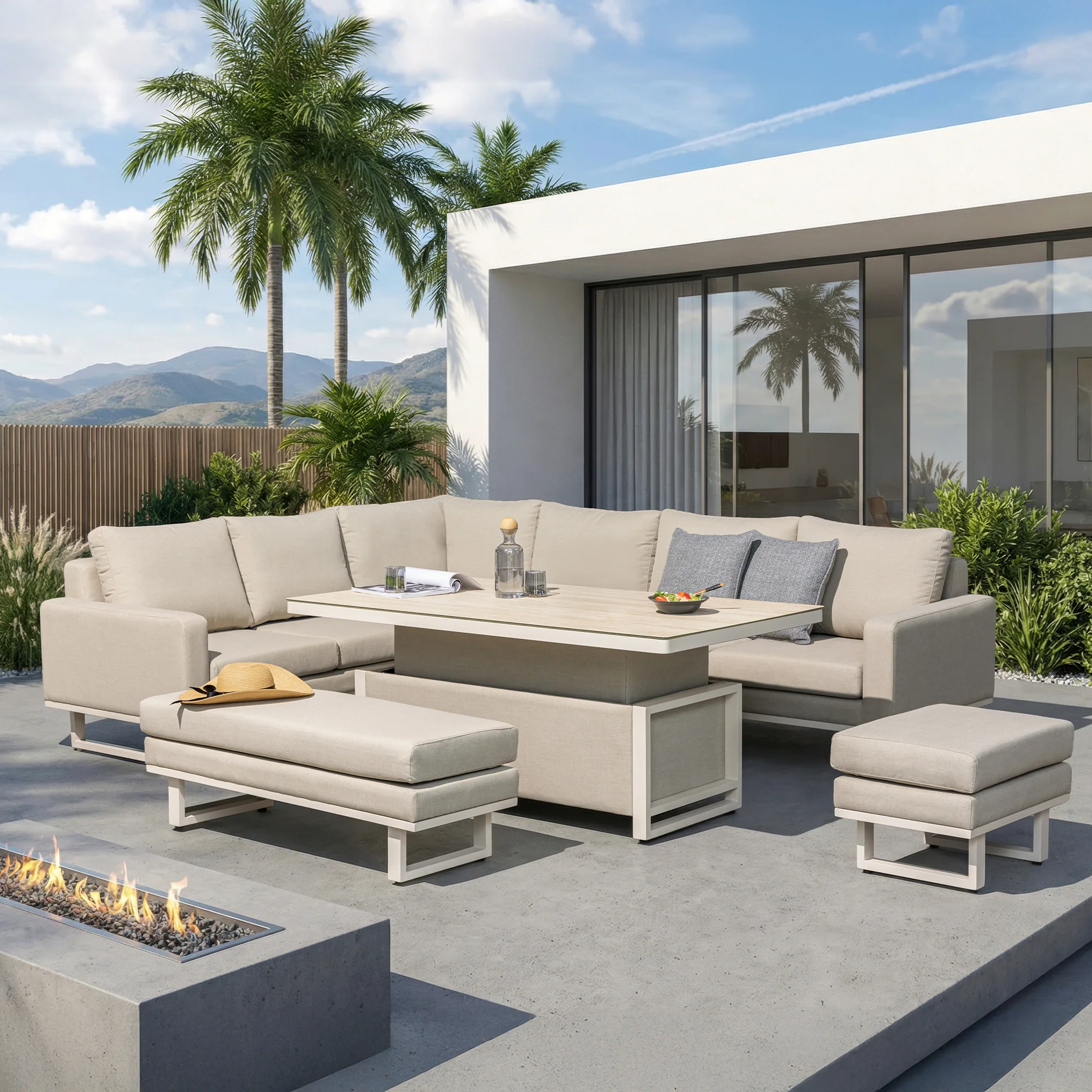 Coral Gables - Corner Garden Dining Set With Rising Table, Natural Aluminium - Image 3