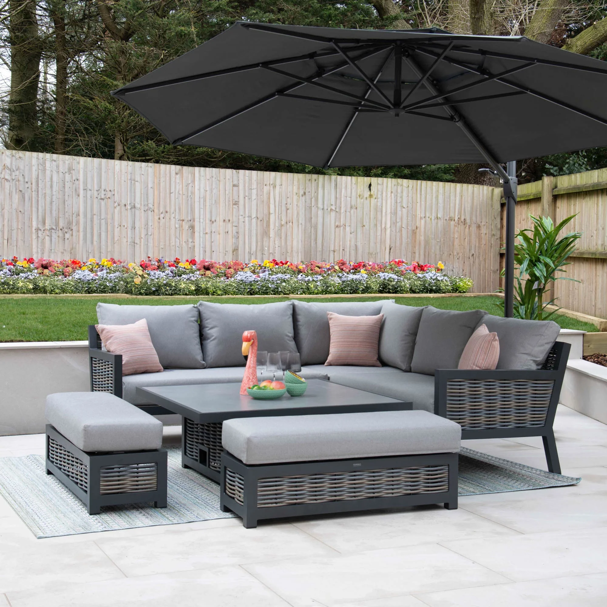 Key Largo - Corner Garden Dining Set With Square Rising Table and 2 Benches, Aluminium & Rattan - Image 3